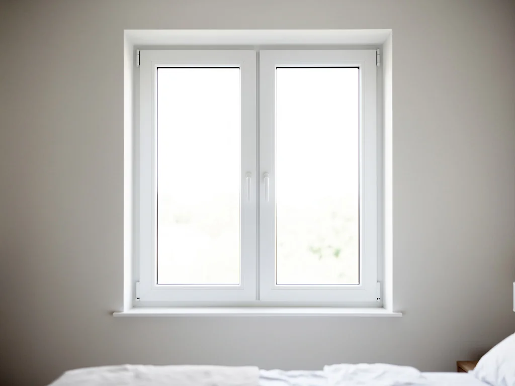 Fenêtre PVC blanche à deux vantaux posée dans une chambre rénovée