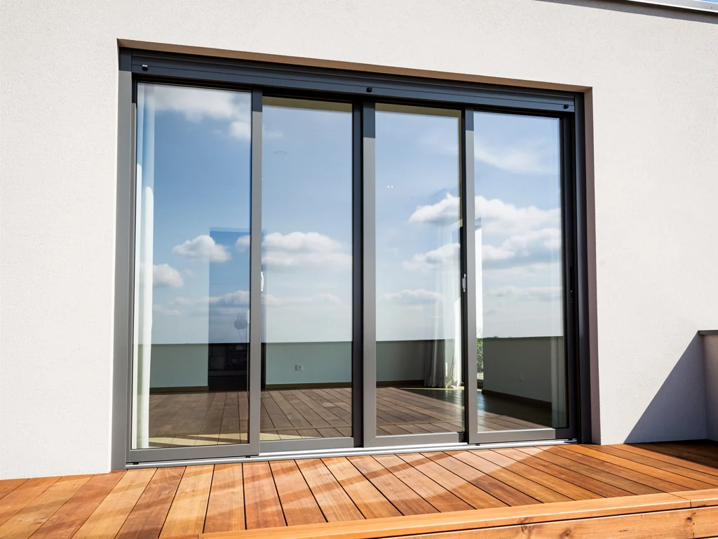 Grande baie coulissante aluminium gris ouvrant sur une terrasse